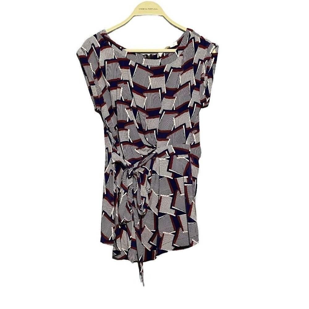 Jenny Han Anthropologie Silk Blouse Women Size S Short Sleeve Geo Tie Bow Belt